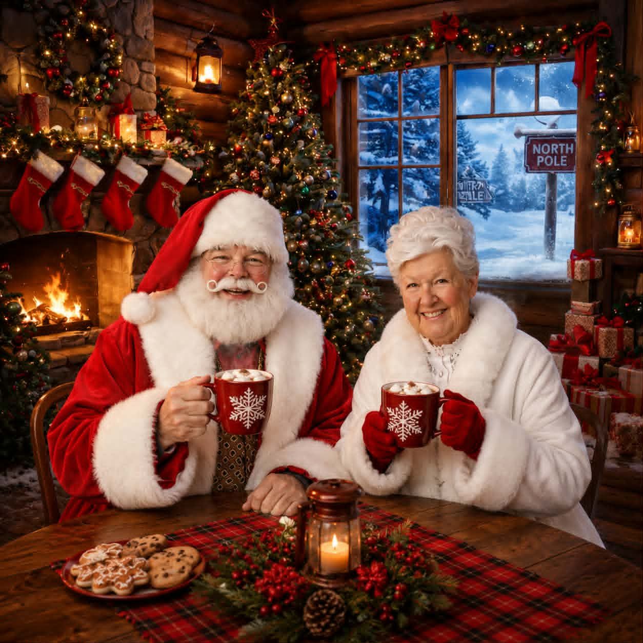 Santa and Mrs. Claus sharing mugs of hot cocoa at a table inside a firelit log cabin