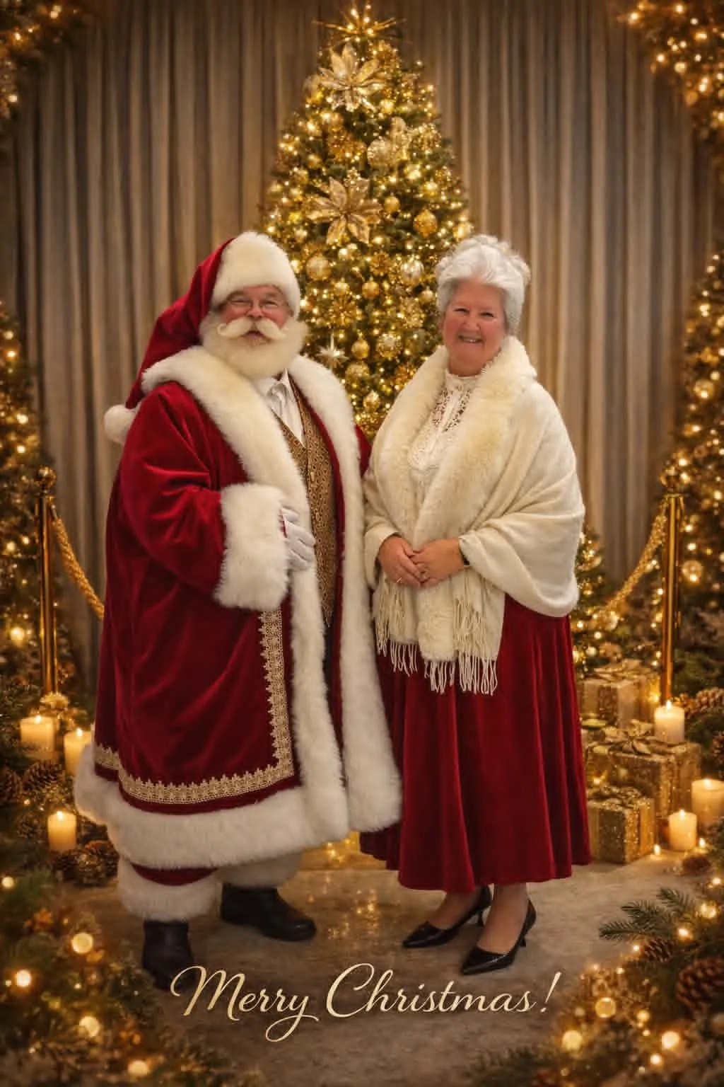 Santa and Mrs. Claus standing together in red velvet before a gold-lit Christmas tree