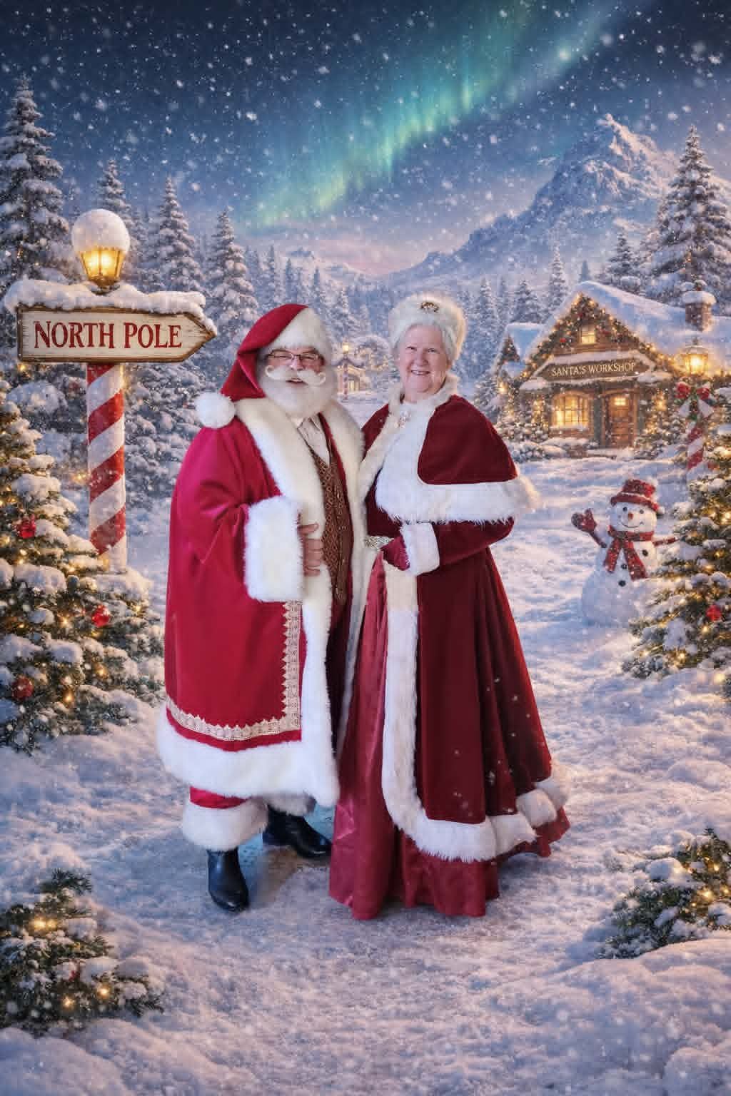 Santa and Mrs. Claus posed on a snowy path beneath the northern lights, with a lit workshop cabin behind them
