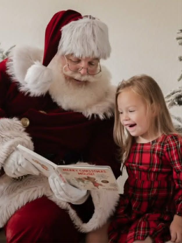 Santa reading a picture book to a young girl who is laughing with delight