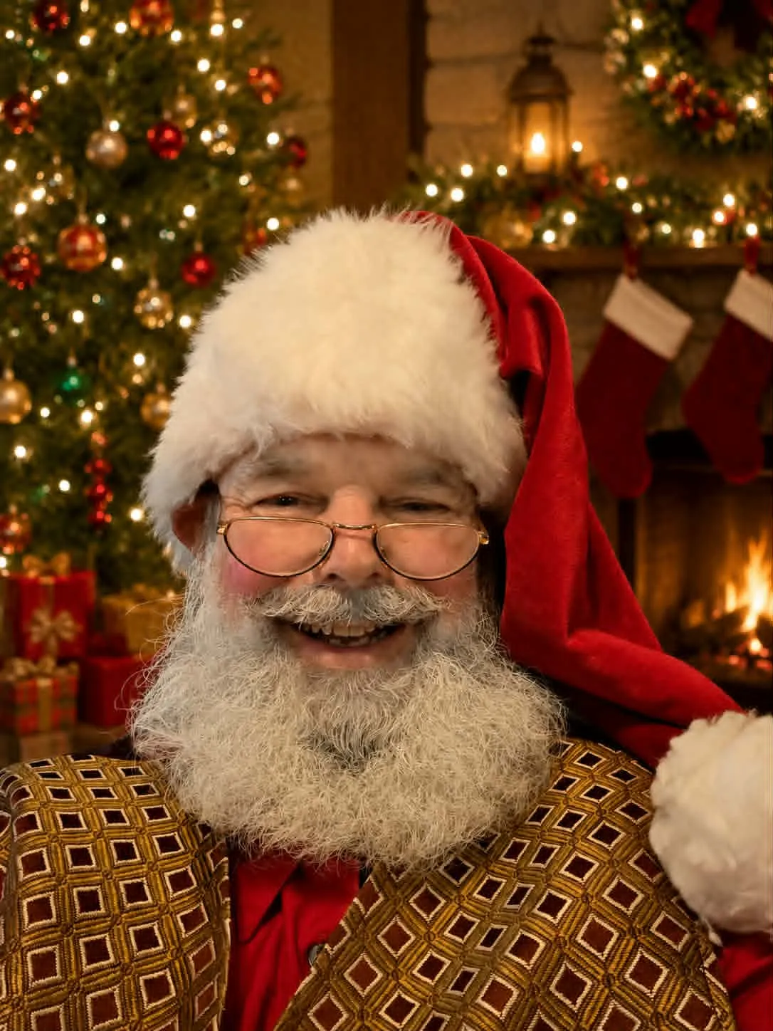 Santa smiling warmly in gold-rimmed glasses, with Christmas lights glowing behind him