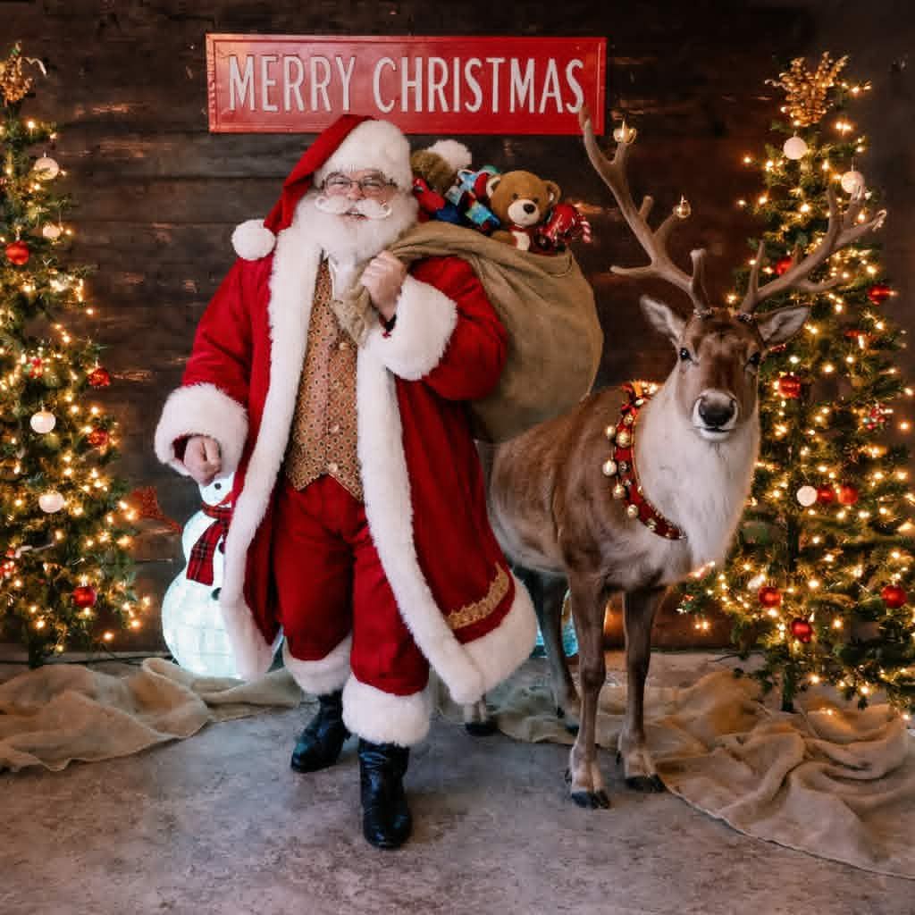 Santa holding a toy sack beside a live reindeer wearing a bell harness