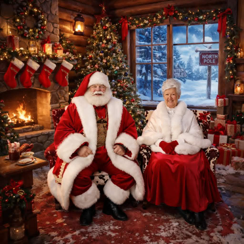 Santa and Mrs. Claus seated in armchairs beside a stone fireplace hung with stockings